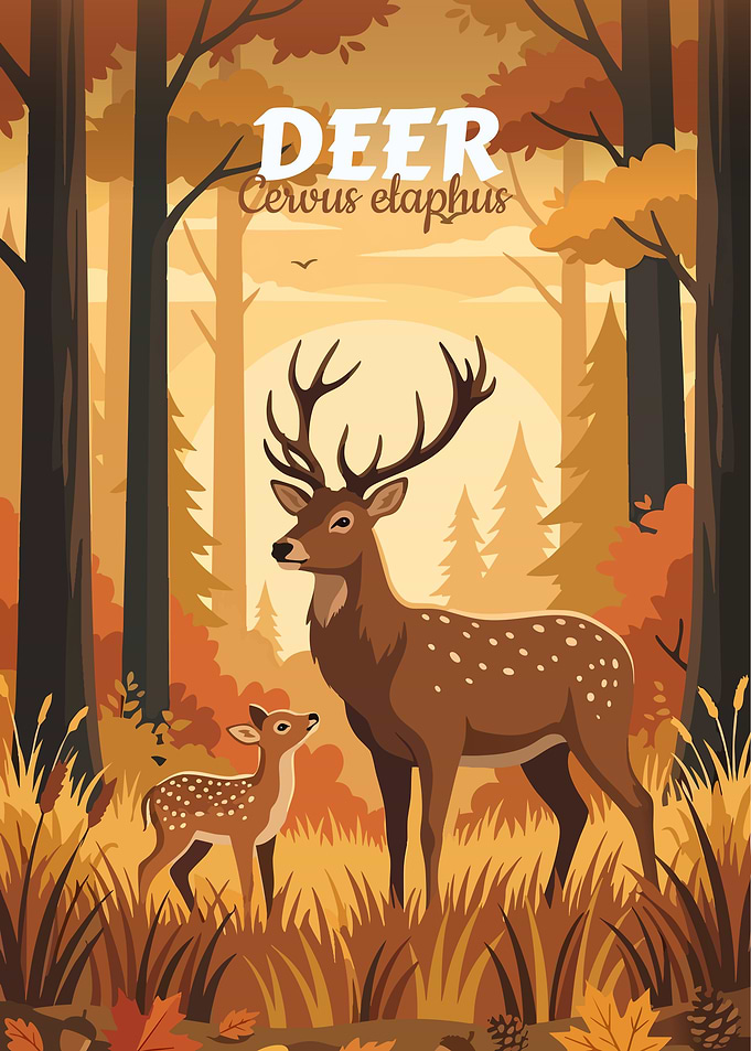 Deer Family in Autumn Forest