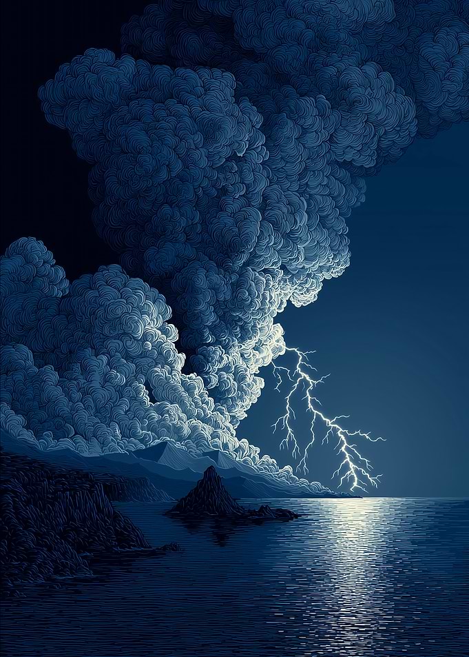 Stormy Seascape with Lightning Strike