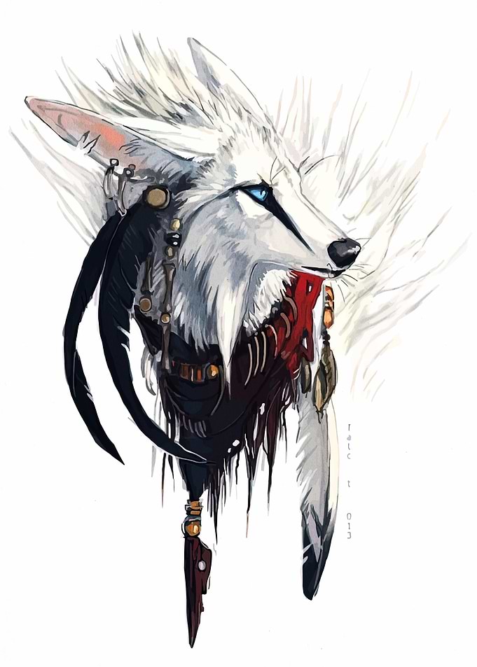 White Wolf with Feathers and Beads