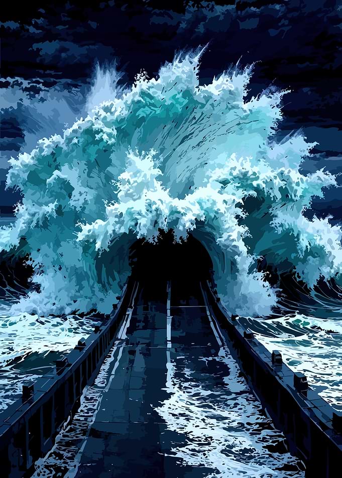Ocean Wave Crashing Over Road