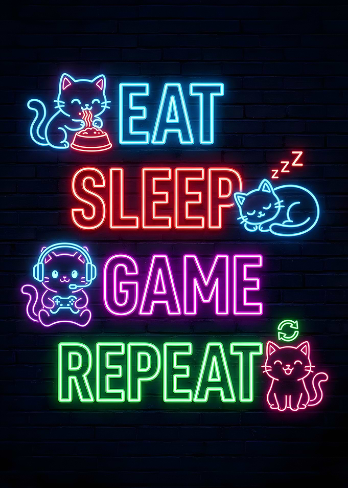 Eat Sleep Game Repeat Neon Cats