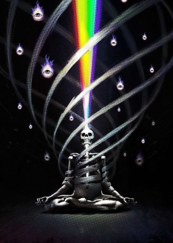 Meditating Skeleton with Rainbow Beam