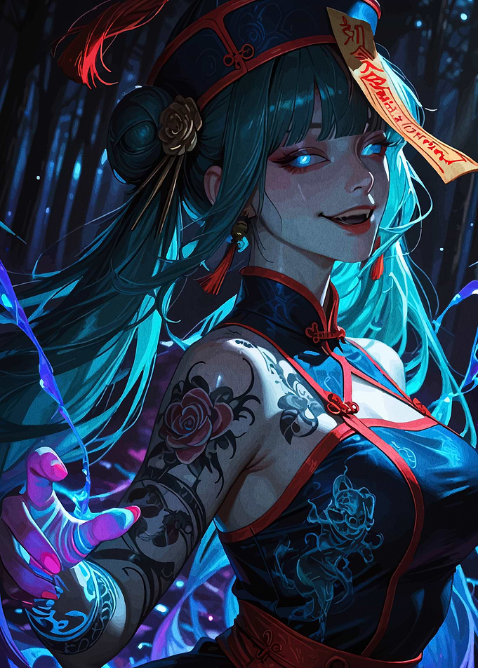 Cyan-haired woman in traditional dress