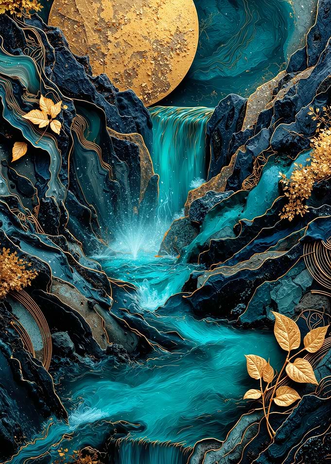 Teal Waterfall with Golden Moon
