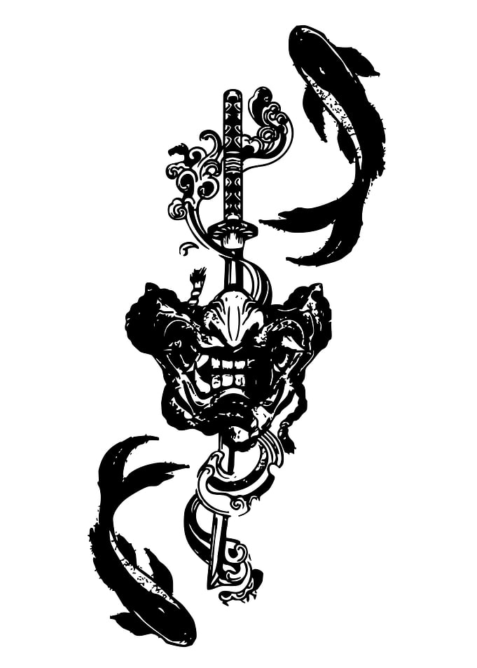 Samurai Mask, Sword, and Koi Fish