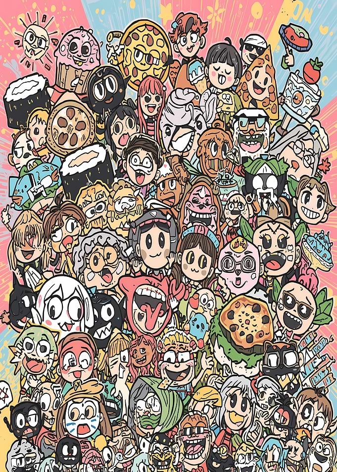 Cartoon Crowd with Food Elements