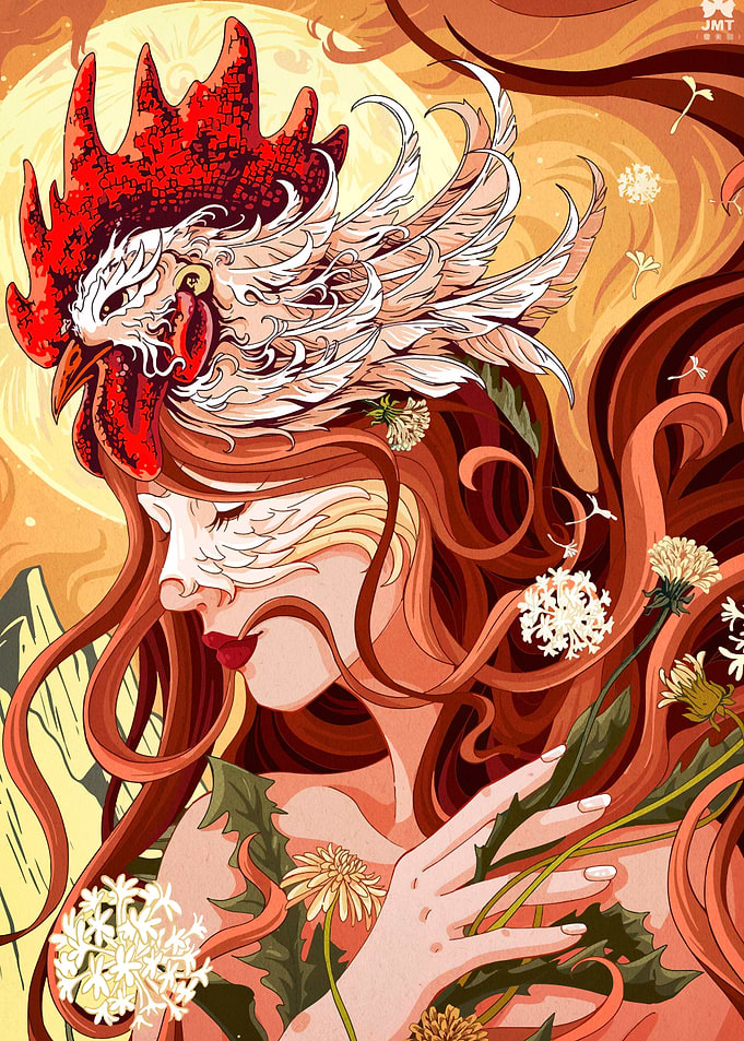 Rooster Headdress Woman with Dandelions