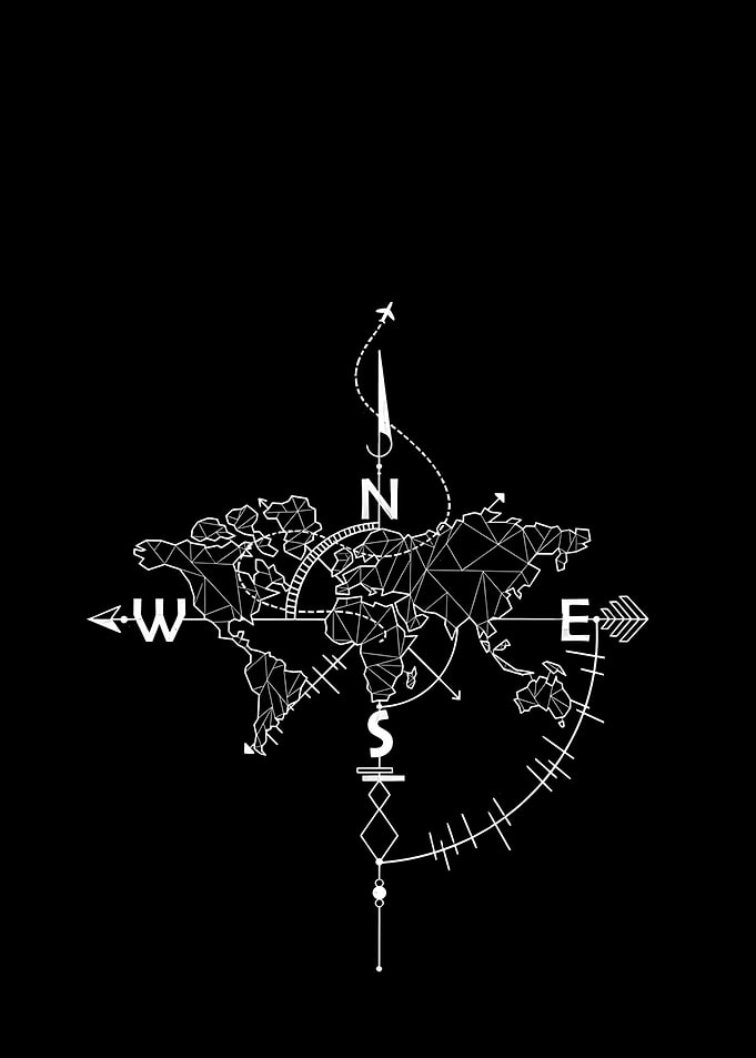 World Map Compass White on Black