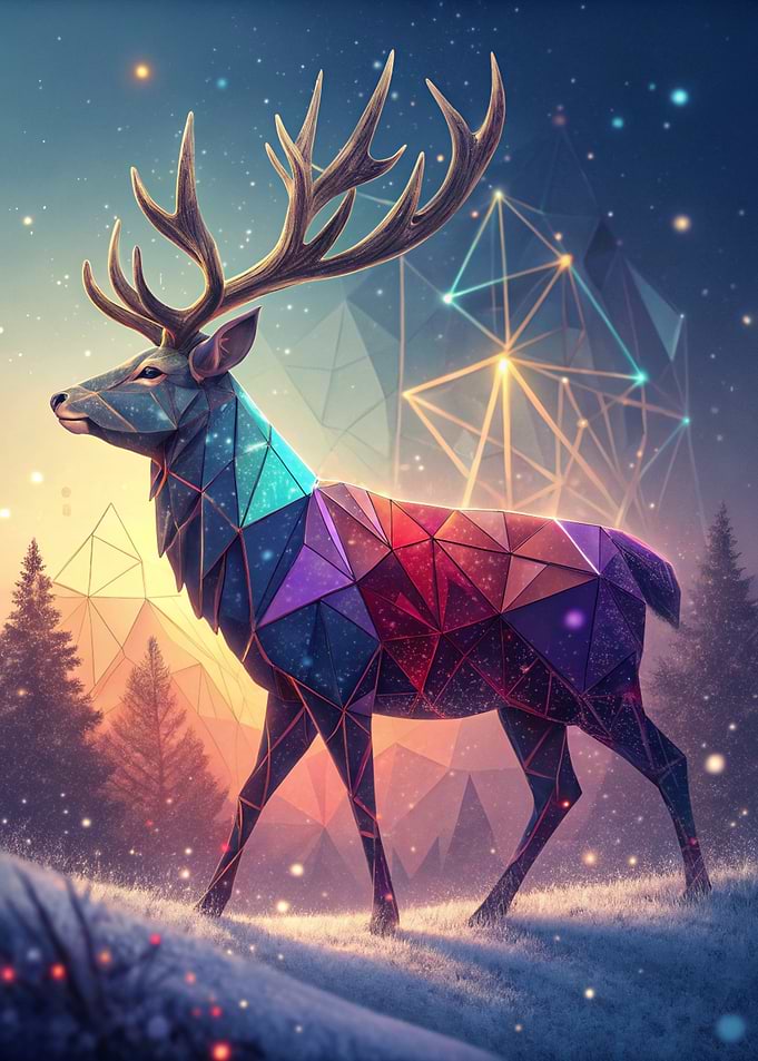 Geometric Deer in Winter Landscape