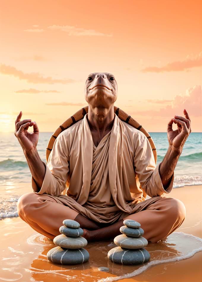 Turtle Monk Meditating on Beach