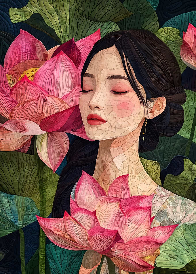 Woman with Lotus Flowers Art