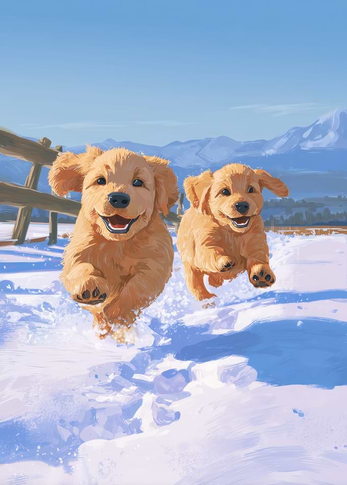 Golden Retrievers Playing in Snow