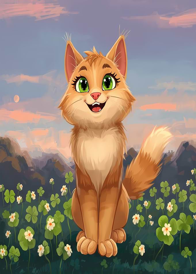 Cartoon Cat in Clover Field
