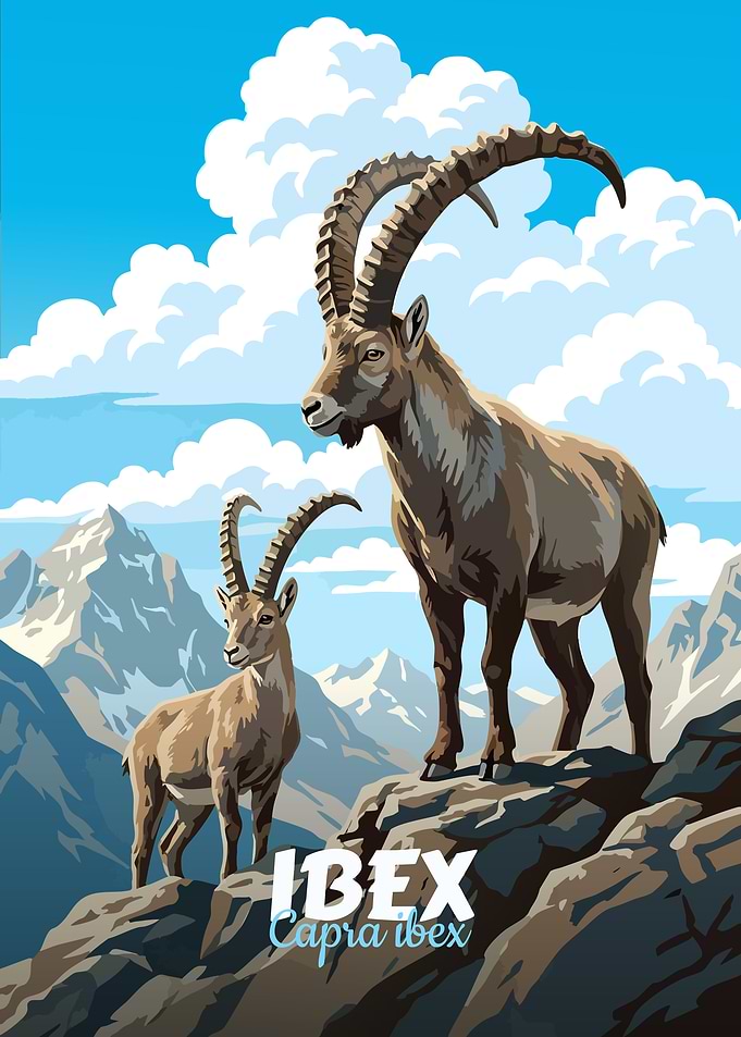 Ibex in Mountain Landscape Illustration