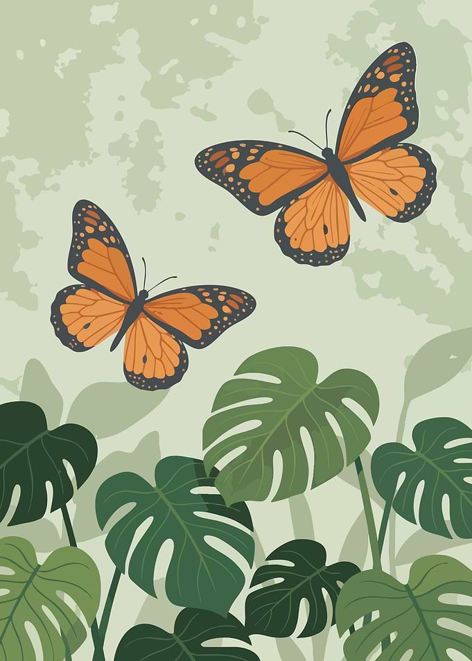 Monarch Butterflies and Monstera Leaves