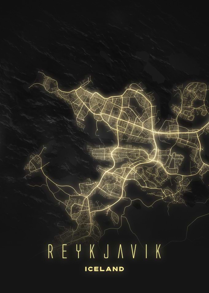 Reykjavik, Iceland - Glowing Night City Map Poster, Modern Wall Art