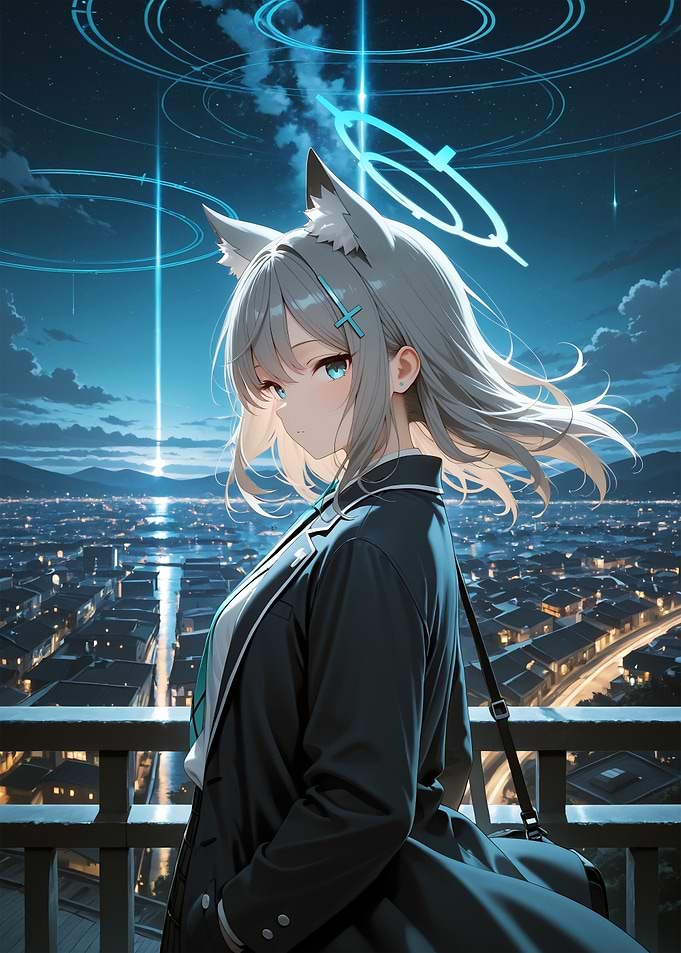 Anime Girl with Fox Ears Overlooking City