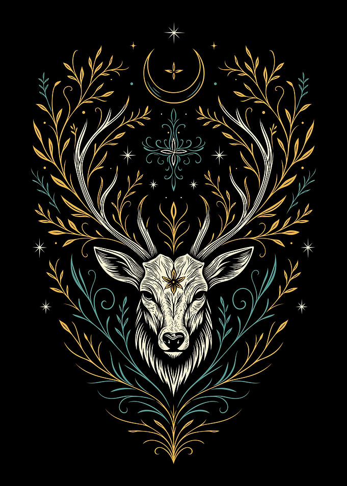 Yule Deer with Floral and Celestial Elements