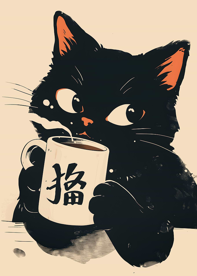 Black Cat with Coffee