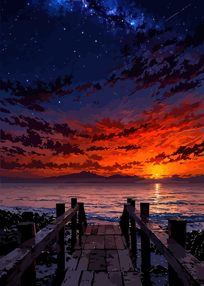Sunset over the ocean with dock