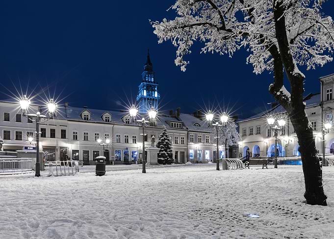 Winter Night in a European Town, Bielsko Biala, Poland