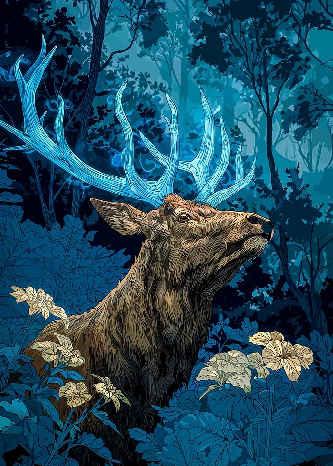 Mystical Deer in Blue Forest