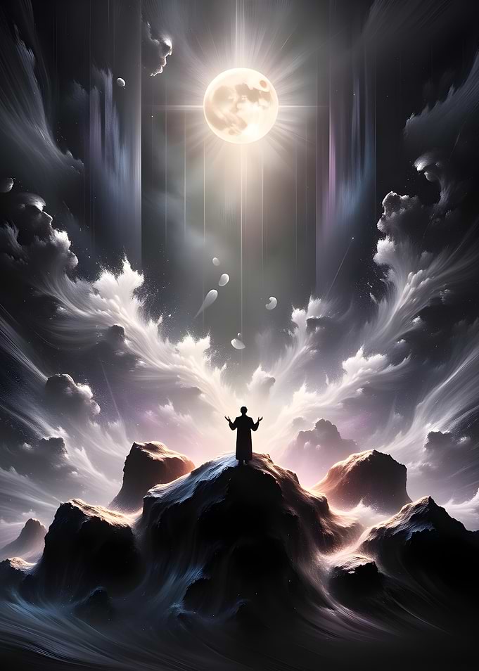 Silhouette on Mountain Peak Under Moonlight