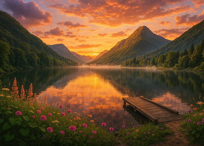 Lake at Sunset with Mountain View