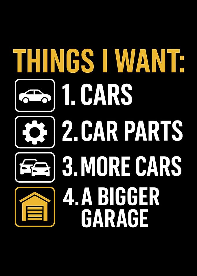 Funny Car Enthusiast Poster – “Things I Want: Cars, Car Parts, More Cars, – Auto Mechanic Gift Wall Art