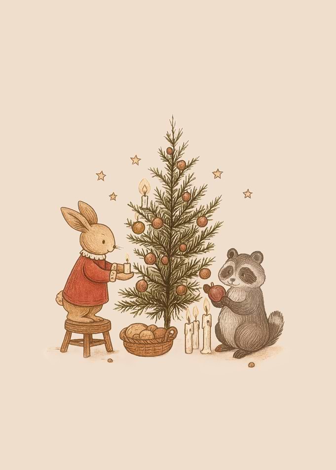Rabbit and Raccoon Decorating Christmas Tree