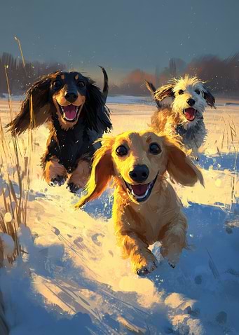 Happy dachshunds Running in Snow