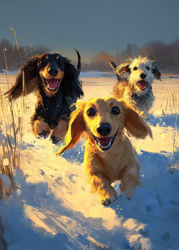 Happy dachshunds Running in Snow