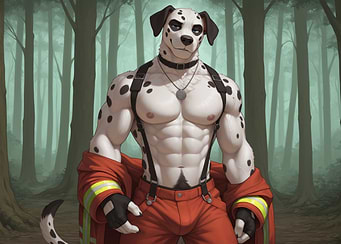 Furry Dalmatian Firefighter in Forest