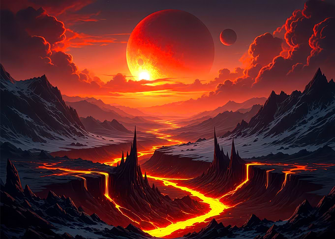 Volcanic Landscape with Red Sky