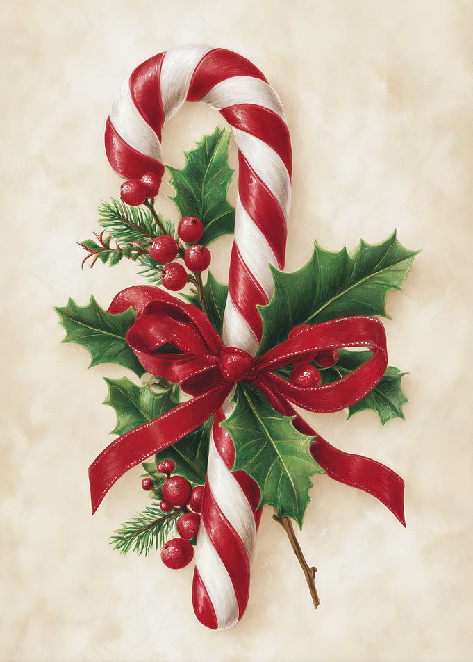 Festive Candy Cane with Holly and Ribbon