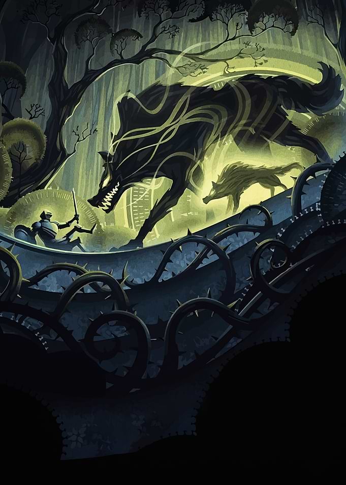 Knight facing wolves in dark forest