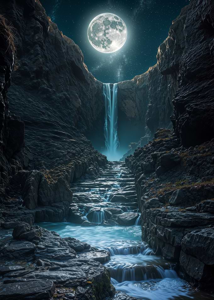 Glowing Waterfall Stone Path