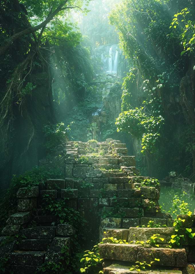 Hidden Jungle Waterfall Stone Path