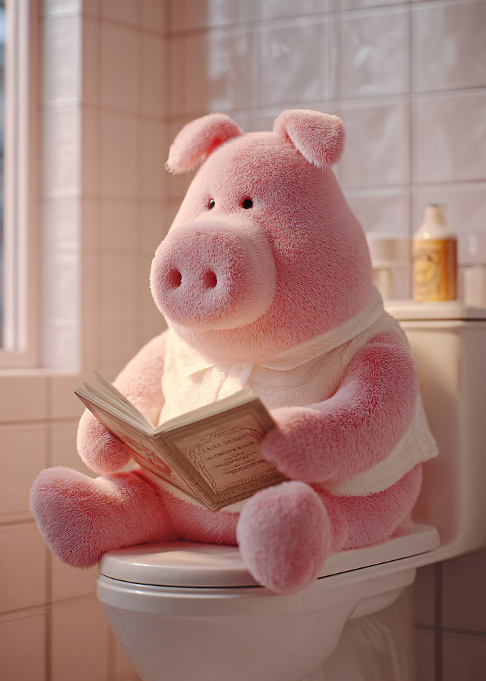 Pig Reading Book on Toilet