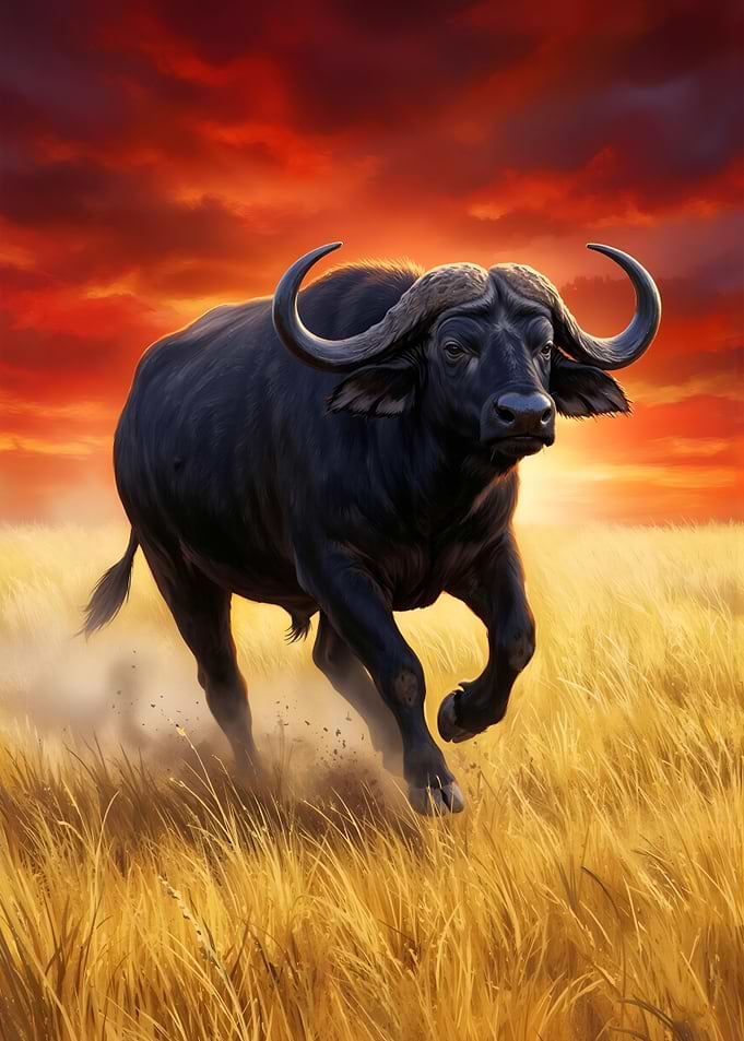 Charging Buffalo in Golden Field