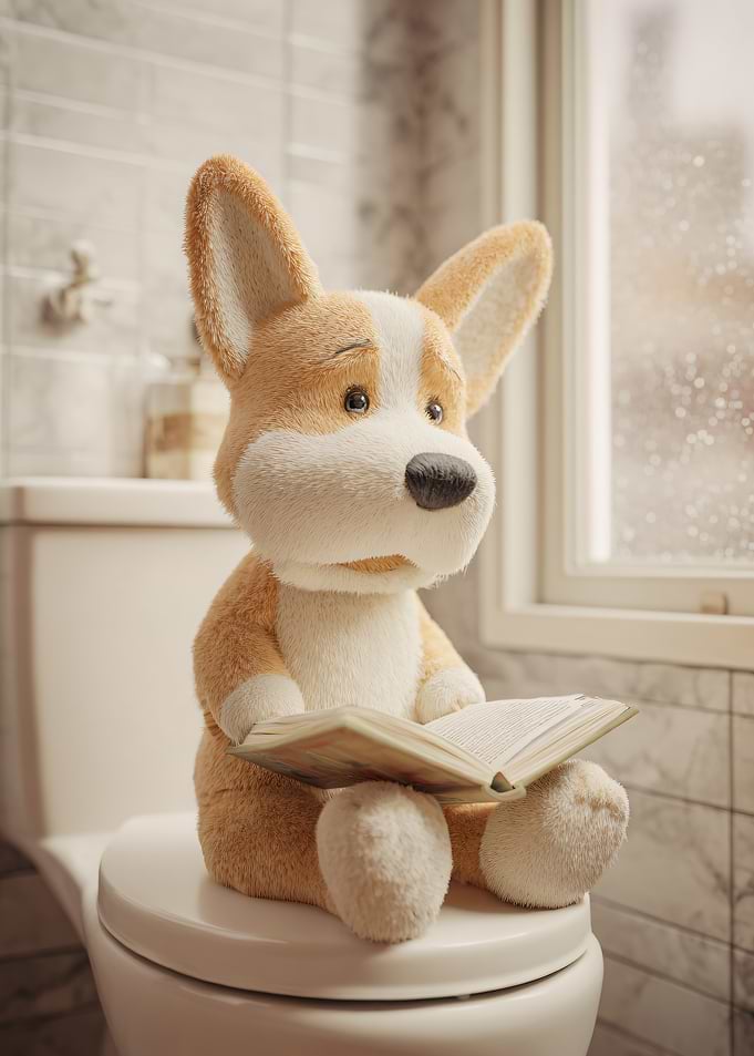 Corgi Reading on Toilet
