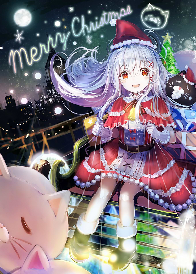 Anime Christmas Girl with Cats