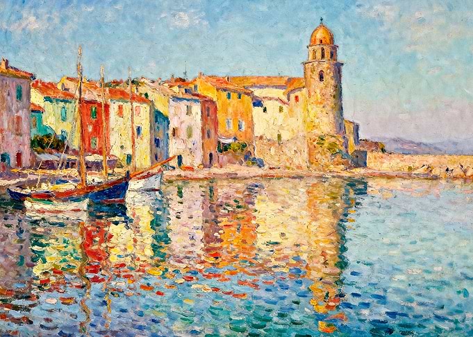 Impressionist Harbor Scene with Colorful Buildings