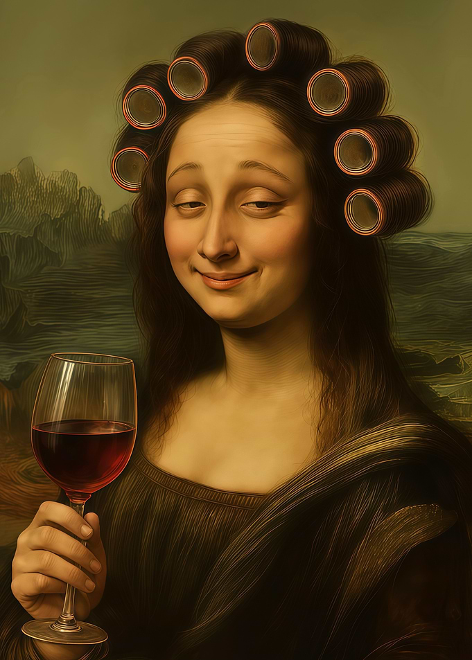 Mona Lisa with Curlers and Wine