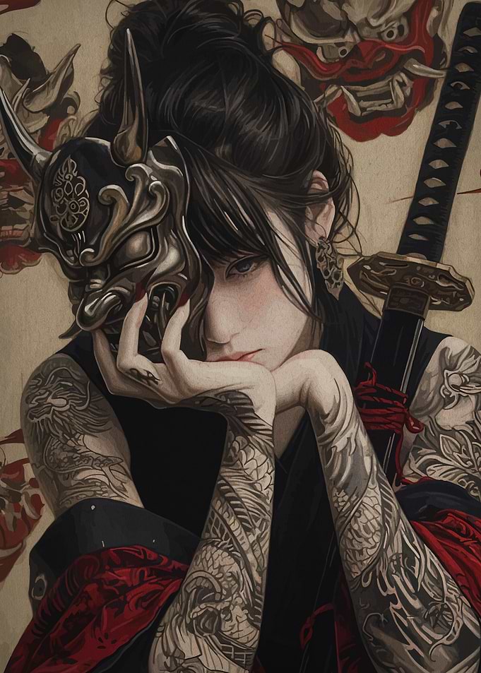 Tattooed Woman with Mask and Katana