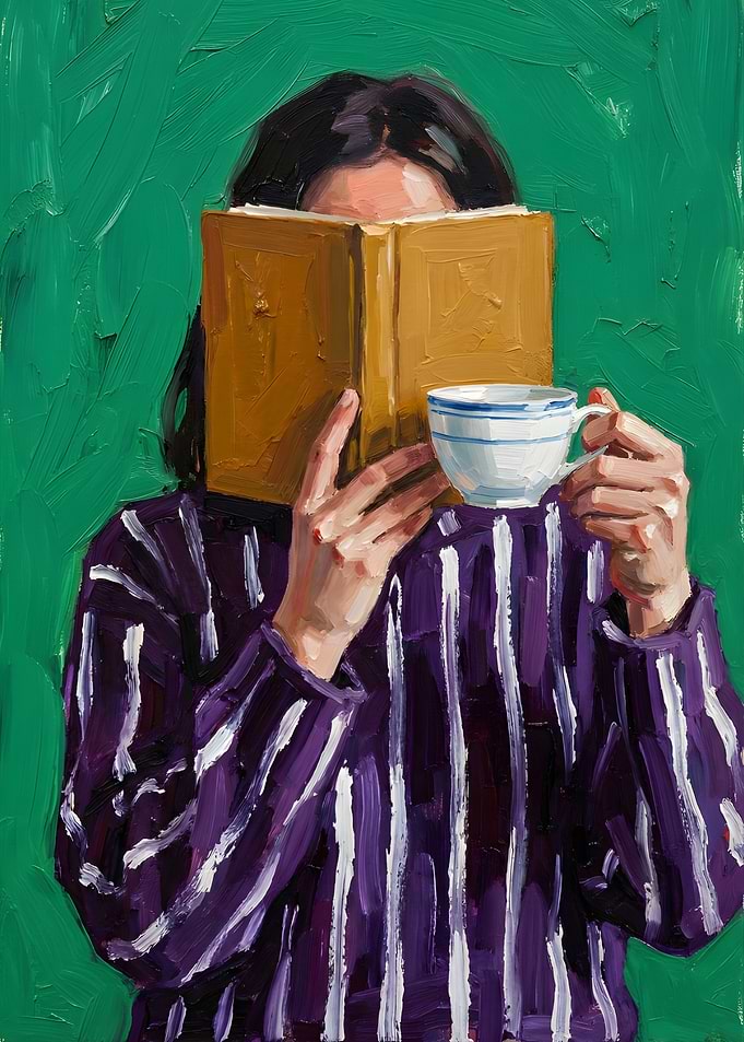 Woman Reading Book and Drinking Tea