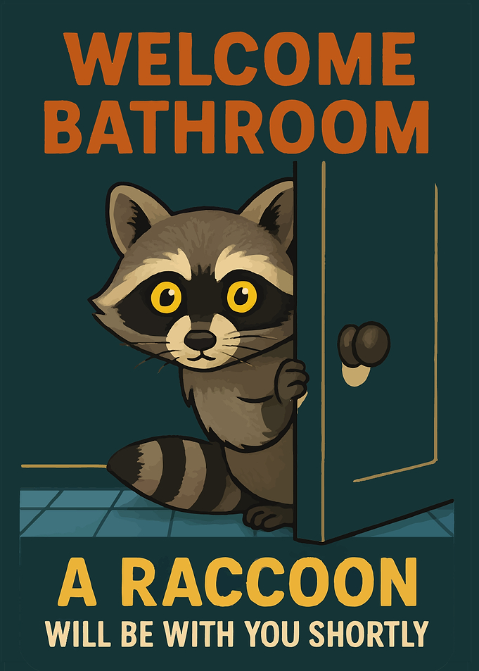 Welcome Bathroom Raccoon Cartoon Illustration