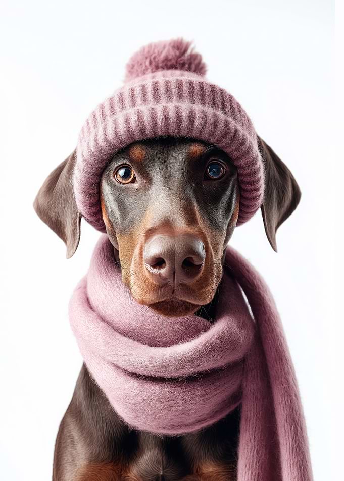 Doberman in Hat and Scarf
