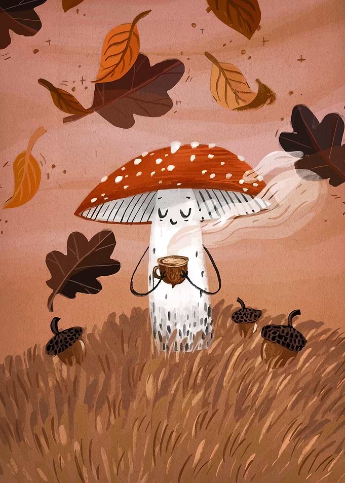 Mushroom with Coffee in Autumn Scene