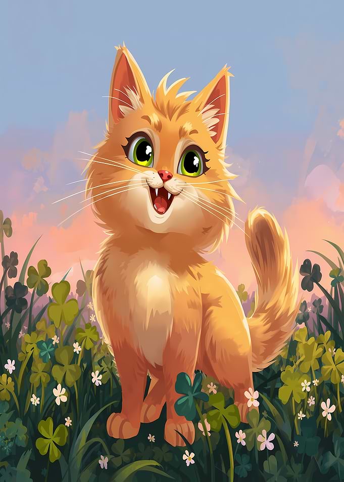 Happy Cartoon Cat in Clover Field